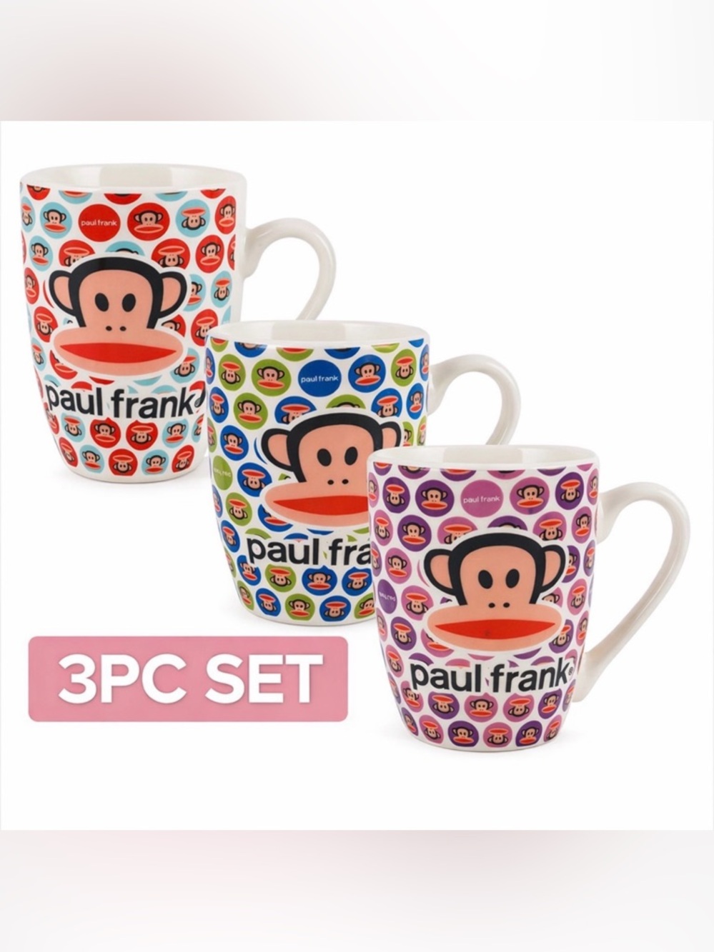 Paul Frank Julius Monkey Mug Set 3PC Y2K Retro Coffee Cups